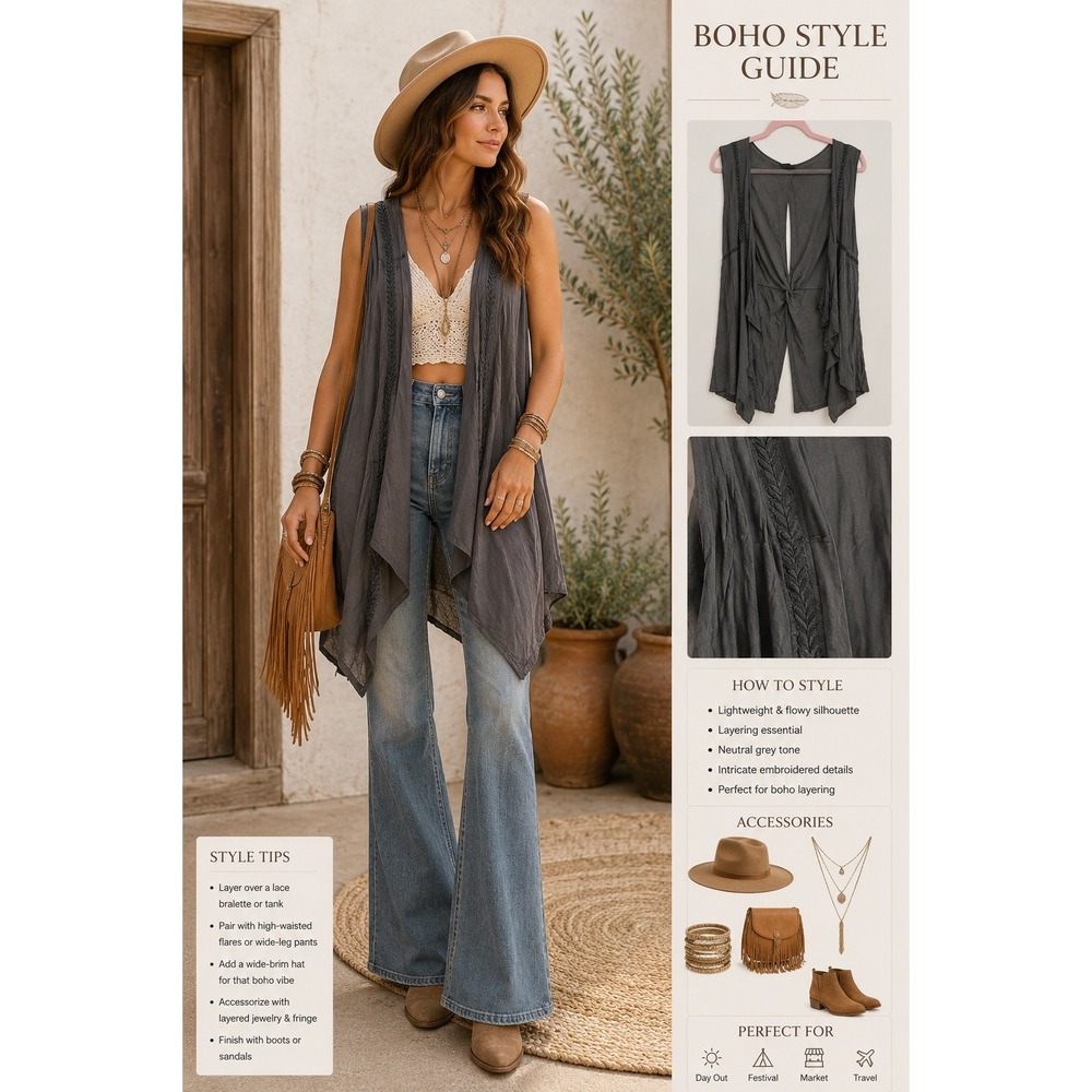 NEW Pol Boho Embroidered Flowy Vest Grey Large